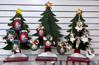 Three Christmas Tree Shelf  Displays With Picture Frame And Other Ornaments