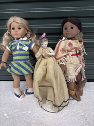 Two American Girl Dolls And A Vintage Doll Lamp.