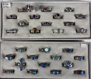 Two Small Trays With Sterling And Semi-Precious Stones  Rings