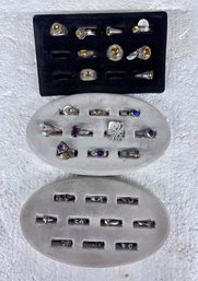 Three Small Trays Of Rings - Sterling With Semi-Precious Stones