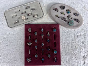 Three Small Trays -sterling  Rings With Semi-Precious Stones