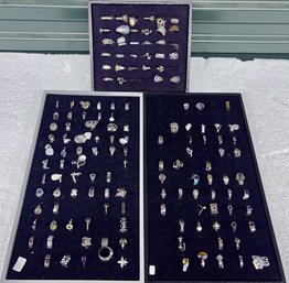 Three Trays Assorted Sterling Rings Some Semi-Precious Stones