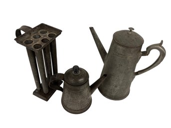 LOT OF 19TH C. TIN CANDLE MOLD W/2 POTS