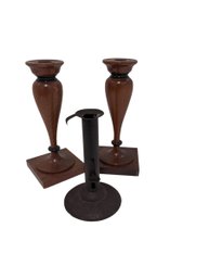 Pair Of 8 Inch Wooden Candlesticks And A Hog Scrapper.
