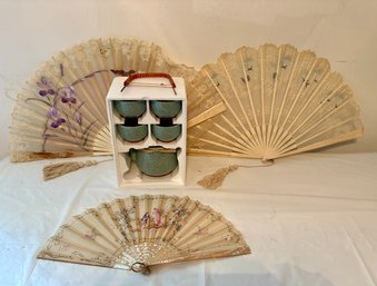 Three Victorian Hand Fans And A Museum Reproduction Japanese Tea Set