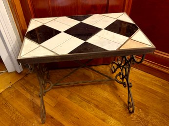 Italian Black And White Tile Top Wrought Iron Table - 16x24x20