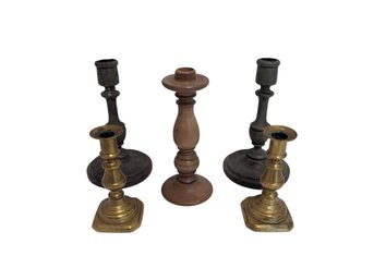 Pair Of Push Up Brass 5 Inch Candle Sticks And 3 Wooden Sticks