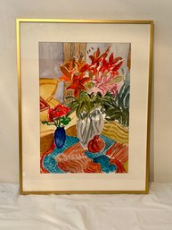 Red Lilies In Glass Vase