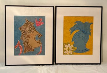 Two Profiles Brown Profile Red Shapes - Blue Profile White Flower