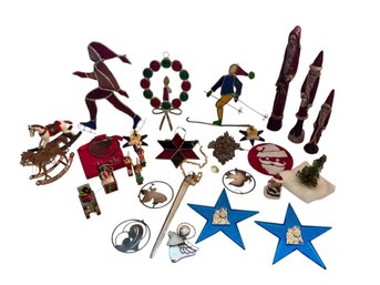 Lot Of Stained Glass Ornaments And Wood Carved Figures Etc..