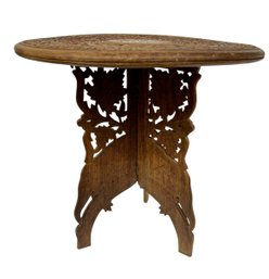 Vintage Carved Teakwood Accent Table - 18 Inch Top