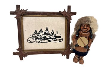 Inuit Wooden Doll And Framed Cutout Art By Runaway Scissors