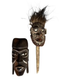 One Wood Carved Mask And A Clay Mask - Damage To 1 Ear