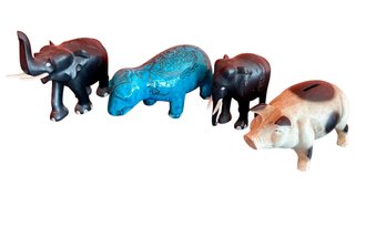 Cast Iron Piggy Bank , Ceramic Hippo And Two Wooden Elephants
