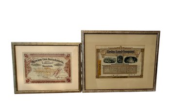 Two Framed Early Land Company Stock Certificates