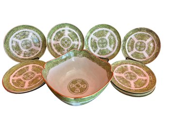 Lot Of Export Green Plates And A Matching Bowl