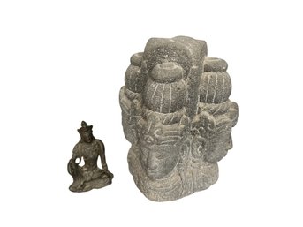 Four Sided Tabletop Budha Sculpture In Stone Plus Small Iron Figure