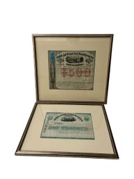 Two Vintage Framed Railroad Stock Certificates