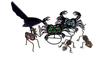 Group Of Artisan Animal Figures Including Pr Of Crab Candle Holders