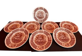 Eight Brown And White Staffordshire Plates Depicting Fair  Winds Copper Engravings