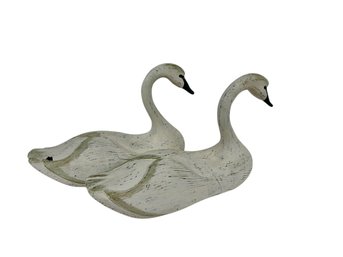 Pair Of Modern 14 Inch White Wood Carved Swans