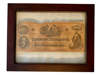 Framed $100 Note Issued By Confederate States 1862/1863