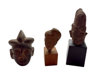 Three Head Sculptures - Wood -clay - Stone