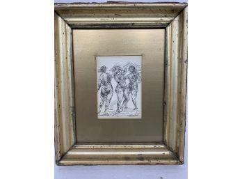 Charles Burdick Signed Pen & Ink Of 3 Nudes In Lemon Gold Frame - 10x12.5