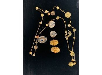 Four Piece Jewelry Lot Including Necklace - Brooch - 2 Pairs Of Clip On Earrings