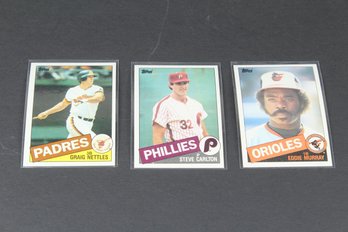3 1985 Topps Baseball Cards Graig Nettles, Steve Carlton, Eddie Murray