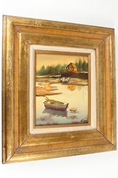 Fishing Boat In Lake Painting Signed By Artist And Framed