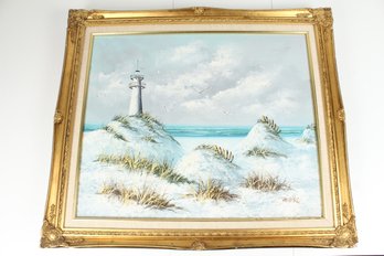 Canvas Painting Of A Beachside With Lighthouse Signed By Artist - No Shipping