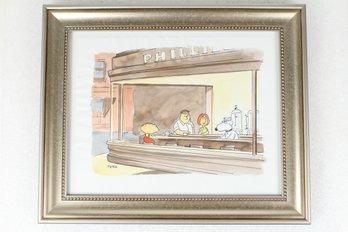 Framed Watercolor Painting Of Family Guy Characters In Parody Of Nighthawks Painting - Signed By Artist