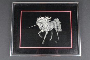 Framed 1979 Unicorn Scratch Art Print By H. W. Hoag Signed