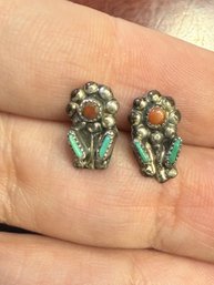 Sterling Silver Native American Petite Point Turquoise Coral Flower Earrings