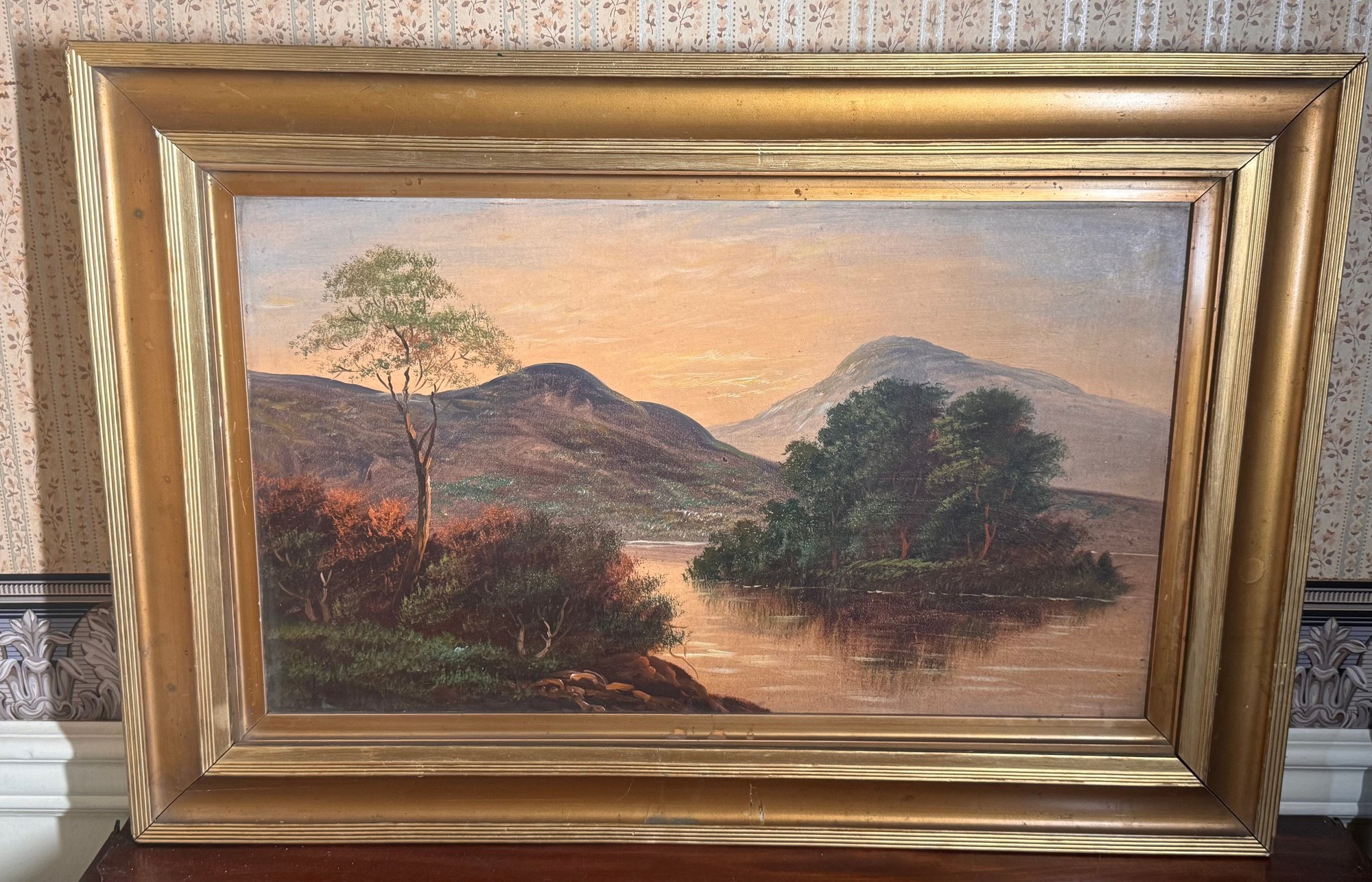 Vintage Original Landscape Oil Painting On Board Mountain Lake Sunset ...