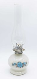 Vintage White Glass With Blue Floral Pattern Oil Lamp