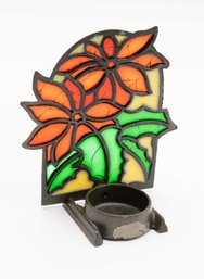 Vintage Cast Iron Stained Glass Candle Holder Red Flowers Taiwan