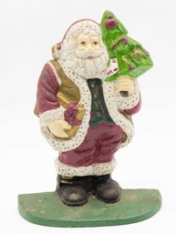 Vintage Cast Iron Christmas Santa Claus Door Stop Painted Holding Tree & Gift