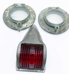 Vintage Clearance Marker LAMP NOS Red Glass Lens & Pair Of Antique Nautical Bronze Portholes