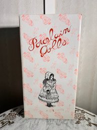 Vintage Porcelain Girl Doll In Original Box  Floral Dress With Bouquet, Approximately 15'