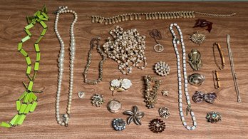 Large Vintage Costume Jewelry Collection  Rhinestones, Faux Pearls, Brooches, Necklaces & Clips