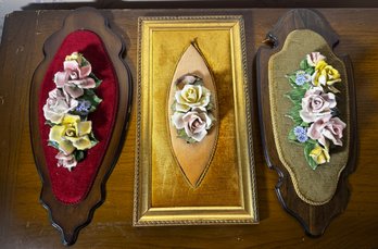 Vintage 3-Piece Porcelain Floral Capodimonte-style – Applied Roses On Velvet & Wood Backings