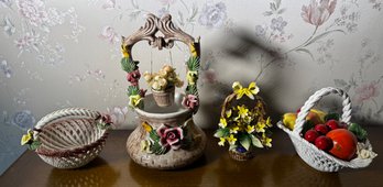 4-Piece Vintage Italian Ceramic & Porcelain Decorative Collection – Margherita Floral Well, Baskets & Fruit
