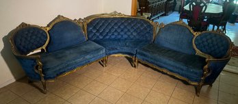 Spectacular Vintage 3-Piece French Provincial / Rococo Revival Sectional Sofa – Blue Velvet & Ornate Gilt Fram