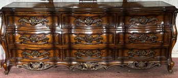 Vintage French Provincial / Rococo Revival 9-Drawer Triple Dresser With Ornate Carved Accents