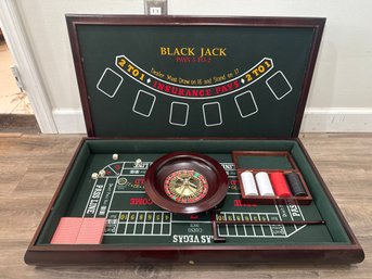 Wooden Casino Game Table Set W/ Roulette Wheel, Blackjack & Craps Layout  Complete Game Night Setup