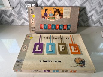 Vintage Milton Bradley Board Game Pair  Stratego & The Game Of Life  Mid-Century Classics With Original Boxe
