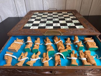 Vintage Chinese Carved Wood Chess Set In Folding Case  Yueng Cheng Porcelain Tile Board  Complete 18 Set