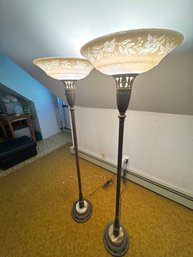 Pair Of Decorative Torchiere Floor Lamps With Floral Glass Shades  Tested Working 64' Tall